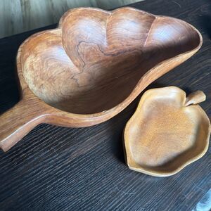 Vintage Monkey Pod Leaf Wooden Hand Carved Serving Trays Dish Bowl Mid-Century